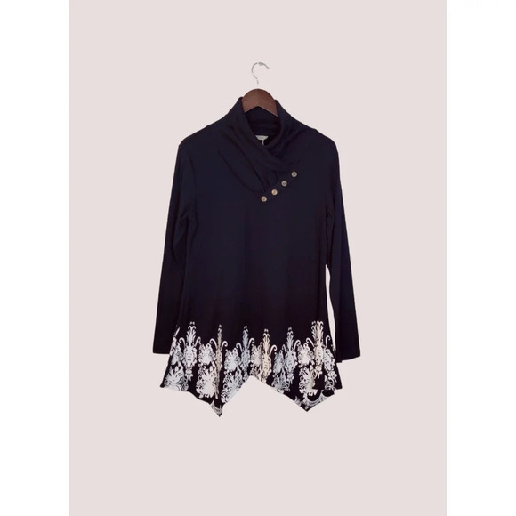 SeSe Code Black & White Long Sleeve Asymmetric Floral Longline Tunic Top Size M - Picture 1 of 10